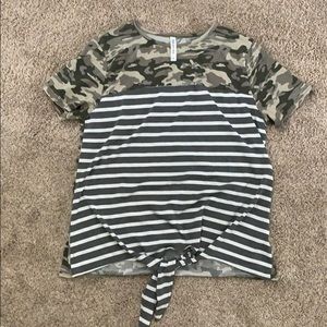 Tickled Teal camo and striped shirt with tie. 🟤🟢